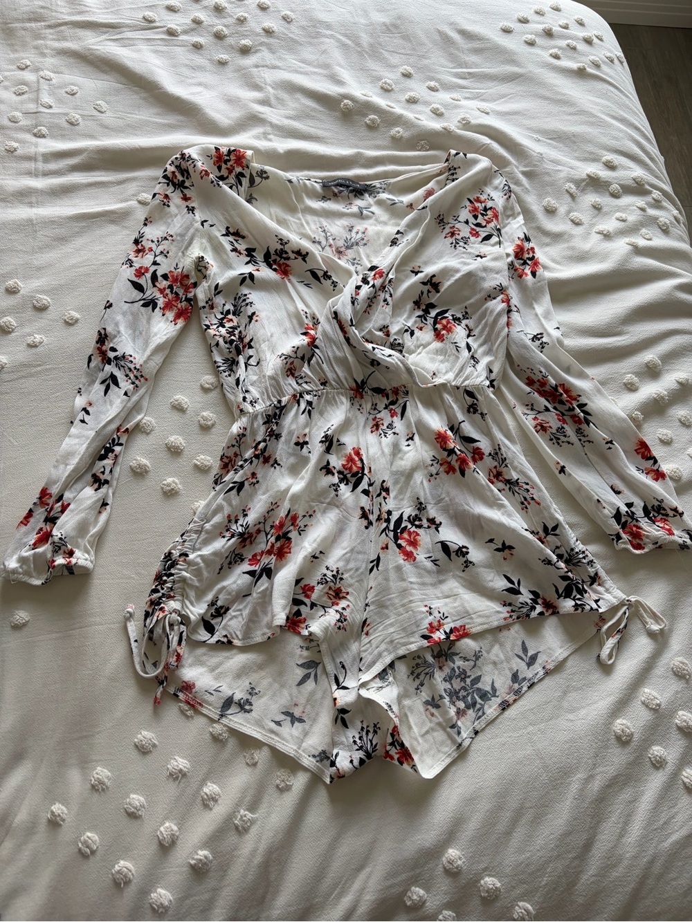 Floral Wrap Front White Romper with Red Rose Print